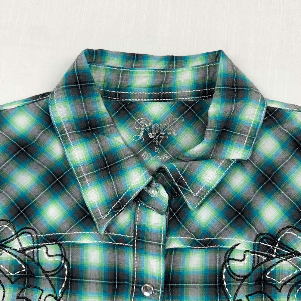 Rock 47 by Wrangler Womens Green Plaid Embroidered Rhinestone Snap Shirt Large - Picture 6 of 9
